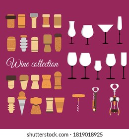 Cork stoppers collection. Different types and forms bungs and plugs for alcohol bottles.Tailspin for opening and various wine glasses. Champagne production and packaging technologies.vector flat style