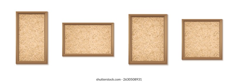 Cork texture rectangular picture frames set in various sizes and forms. Notice board backdrop with natural material border pattern. Eco friendly blank wooden framing, realistic corkboard wall decor.