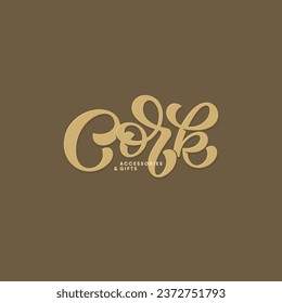 Cork vector lettering illustration, template for elegant logotype in brown shades