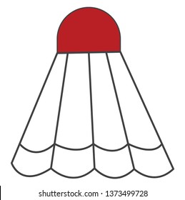 A cork to which white-colored feathers are attached to form a cone shape with a red cap usually struck with rackets in the games of badminton and battledore vector color drawing or illustration 