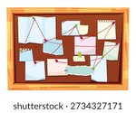Corkboard with pinned notes and red string linking clues for a police mystery case. Vector cartoon illustration