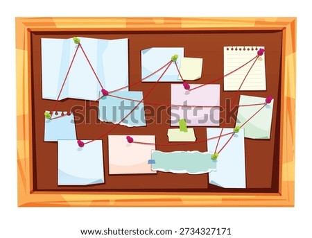 Corkboard with pinned notes and red string linking clues for a police mystery case. Vector cartoon illustration