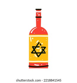 Corked bottle of alcohol and glass of red wine. Tableware with Israel drink. Hand-drawn colored flat vector illustration of beverage isolated on white background