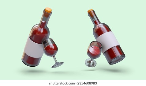 Corked bottle with red wine, glass with alcoholic drink. Vector realistic composition, view from different sides. Glass bottle with blank label, mockup