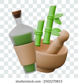 Corked glass bottle with green liquid and blank label. Mortar and pestle, stalks of fresh bamboo