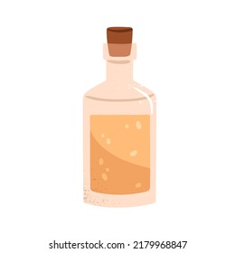 Corked glass bottle with potion liquid. Transparent vial jar closed with stopper. Alchemy medicinal herbal fluid. Natural homeopathy elixir. Flat vector illustration isolated on white background