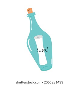 Corked Glass Bottle with Rolled Up Piece of Paper Inside Vector Illustration