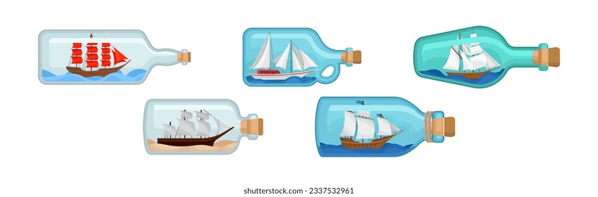 Corked Glass Bottle with Ship Miniature Inside Vector Set