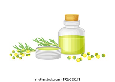 Corked Glass Jar with Wormwood or Southernwood Oil Extraction Vector Composition