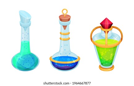 Corked Glass Jars with Magic Liquid Potion Vector Set