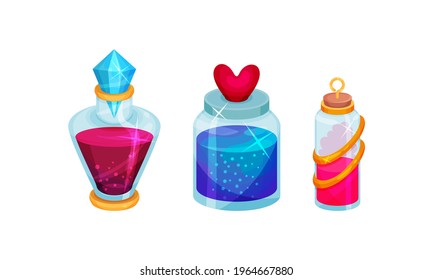 Corked Glass Jars with Magic Liquid Potion Vector Set