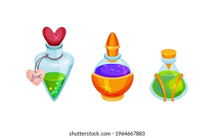 Corked Glass Jars with Magic Liquid Potion Vector Set