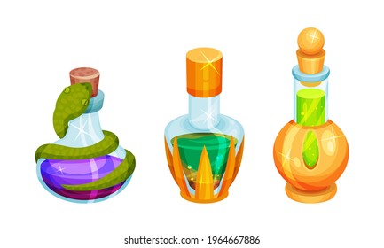 Corked Glass Jars with Magic Liquid Potion Vector Set