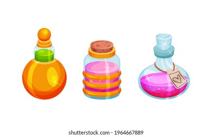 Corked Glass Jars with Magic Liquid Potion Vector Set