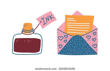 Corked Ink Jar and Open Envelope with Letter as Postal Symbol Vector Set