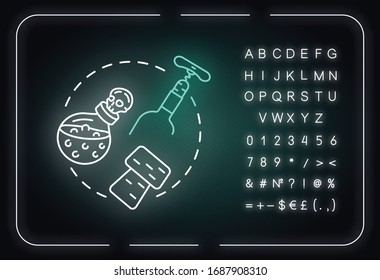 Corked wine neon light concept icon. Drinks degustation, winetasting idea. Outer glowing sign with alphabet, numbers and symbols. Closed bottle and corkscrew vector isolated RGB color illustration