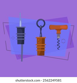 Corks and corkscrew flat illustration. Bottles, wine, bar. Alcohol concept. Vector illustration can be used for topics like drinks, beverage, utensils