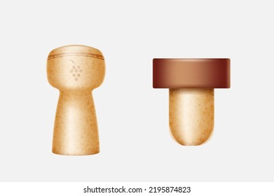 Corks wooden textured champagne wine bottles plugs isolated on white background. Stoppers for alcohol packages caps. Realistic vector illustration