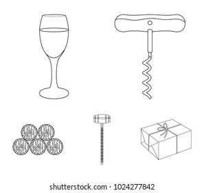 Corkscrew, alcohol counter, barrels in the vault, a glass of white wine. Wine production set collection icons in outline style vector symbol stock illustration web.