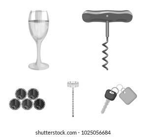 Corkscrew, alcohol counter, barrels in the vault, a glass of white wine. Wine production set collection icons in monochrome style vector symbol stock illustration web.