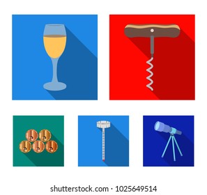 Corkscrew, alcohol counter, barrels in the vault, a glass of white wine. Wine production set collection icons in flat style vector symbol stock illustration web.