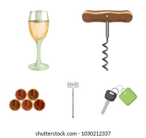 Corkscrew, alcohol counter, barrels in the vault, a glass of white wine. Wine production set collection icons in cartoon style vector symbol stock illustration web.