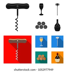 Corkscrew, alcohol counter, barrels in the vault, a glass of white wine. Wine production set collection icons in black,flat style vector symbol stock illustration web.