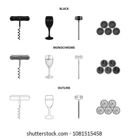 Corkscrew, alcohol counter, barrels in the vault, a glass of white wine. Wine production set collection icons in black,monochrome,outline style vector symbol stock illustration web.