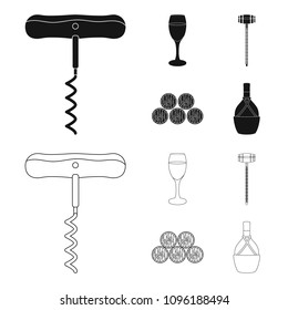 Corkscrew, alcohol counter, barrels in the vault, a glass of white wine. Wine production set collection icons in black,outline style vector symbol stock illustration web.