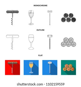 Corkscrew, alcohol counter, barrels in the vault, a glass of white wine. Wine production set collection icons in flat,outline,monochrome style vector symbol stock illustration web.