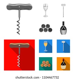 Corkscrew, alcohol counter, barrels in the vault, a glass of white wine. Wine production set collection icons in monochrome,flat style vector symbol stock illustration web.