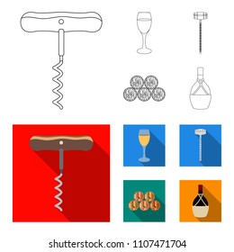 Corkscrew, alcohol counter, barrels in the vault, a glass of white wine. Wine production set collection icons in outline,flat style vector symbol stock illustration web.