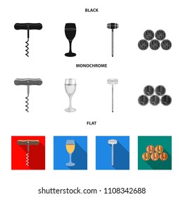 Corkscrew, alcohol counter, barrels in the vault, a glass of white wine. Wine production set collection icons in black, flat, monochrome style vector symbol stock illustration web.