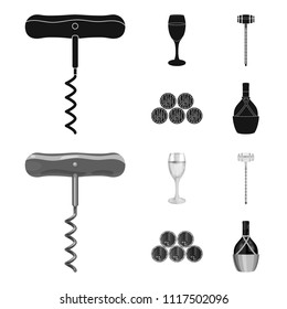 Corkscrew, alcohol counter, barrels in the vault, a glass of white wine. Wine production set collection icons in black,monochrome style vector symbol stock illustration web.