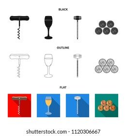 Corkscrew, alcohol counter, barrels in the vault, a glass of white wine. Wine production set collection icons in black,flat,outline style vector symbol stock illustration web.