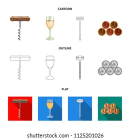 Corkscrew, alcohol counter, barrels in the vault, a glass of white wine. Wine production set collection icons in cartoon, outline, flat style vector symbol stock illustration web.