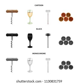 Corkscrew, alcohol counter, barrels in the vault, a glass of white wine. Wine production set collection icons in cartoon,black,monochrome style vector symbol stock illustration web.