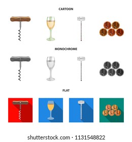 Corkscrew, alcohol counter, barrels in the vault, a glass of white wine. Wine production set collection icons in cartoon,flat,monochrome style vector symbol stock illustration web.