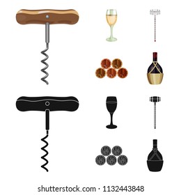 Corkscrew, alcohol counter, barrels in the vault, a glass of white wine. Wine production set collection icons in cartoon,black style vector symbol stock illustration web.