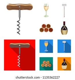 Corkscrew, alcohol counter, barrels in the vault, a glass of white wine. Wine production set collection icons in cartoon,flat style vector symbol stock illustration web.