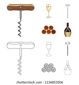 Corkscrew, alcohol counter, barrels in the vault, a glass of white wine. Wine production set collection icons in cartoon,outline style vector symbol stock illustration web.