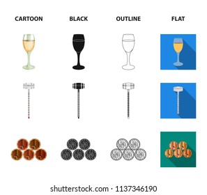 Corkscrew, alcohol counter, barrels in the vault, a glass of white wine. Wine production set collection icons in cartoon,black,outline,flat style vector symbol stock illustration web.