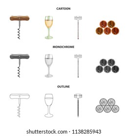 Corkscrew, alcohol counter, barrels in the vault, a glass of white wine. Wine production set collection icons in cartoon,outline,monochrome style vector symbol stock illustration web.