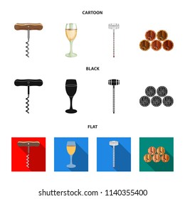 Corkscrew, alcohol counter, barrels in the vault, a glass of white wine. Wine production set collection icons in cartoon,black,flat style vector symbol stock illustration web.