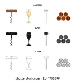 Corkscrew, alcohol counter, barrels in the vault, a glass of white wine. Wine production set collection icons in cartoon,black,outline style vector symbol stock illustration web.