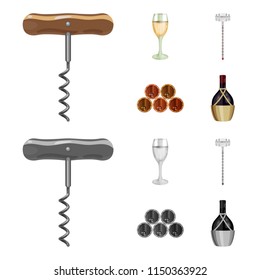 Corkscrew, alcohol counter, barrels in the vault, a glass of white wine. Wine production set collection icons in cartoon,monochrome style vector symbol stock illustration web.