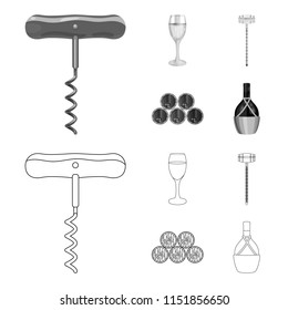 Corkscrew, alcohol counter, barrels in the vault, a glass of white wine. Wine production set collection icons in outline,monochrome style vector symbol stock illustration web.