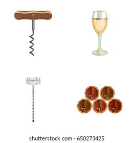 Corkscrew, alcohol counter, barrels in the vault, a glass of white wine. Wine production set collection icons in cartoon style vector symbol stock illustration web.