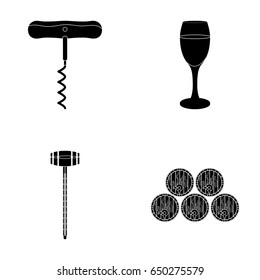 Corkscrew, alcohol counter, barrels in the vault, a glass of white wine. Wine production set collection icons in black style vector symbol stock illustration web.