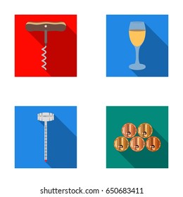 Corkscrew, alcohol counter, barrels in the vault, a glass of white wine. Wine production set collection icons in flat style vector symbol stock illustration web.